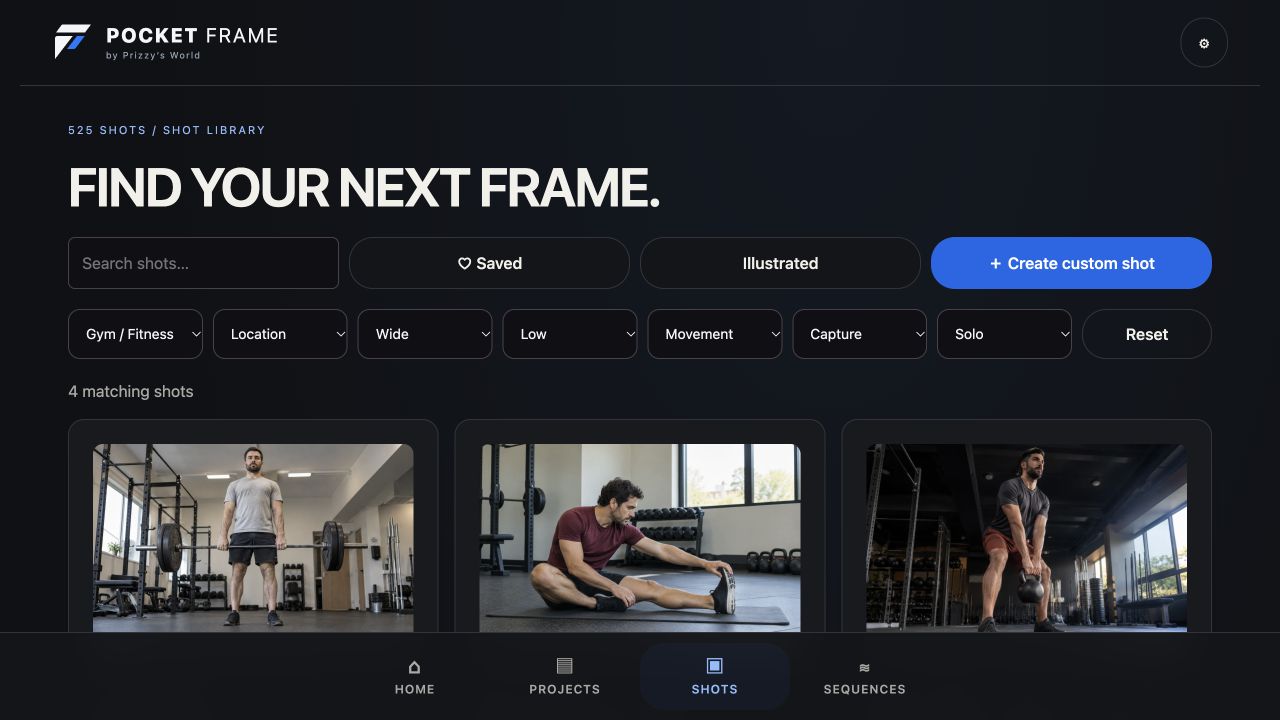 Pocket Frame’s Gym / Fitness library, showing training shots with the blue interface.